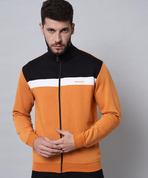 HELL BOUND Men Orange Colorblock Fleece Single Hooded Sweatshirt