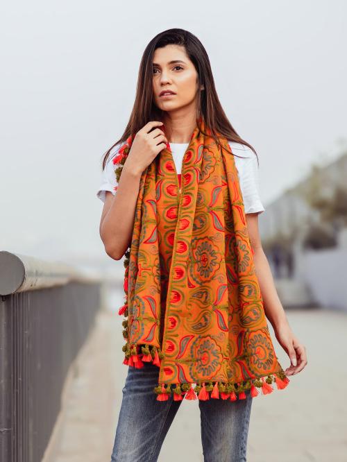MESMORA Fashion Destination Pure handoom Saffron Abstract Stole/Muffler