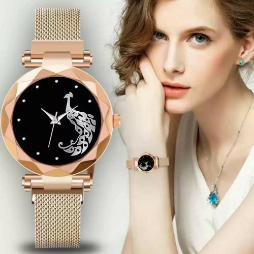 Hrv Analog Black Dial Rose Gold Strap Watch For Women