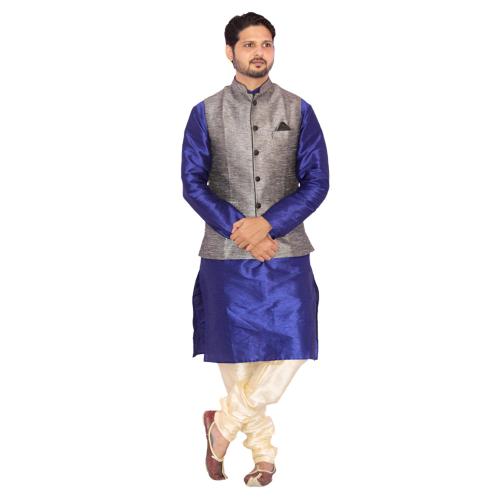 Om Shubh Mangalam Men's Silk Blend Royal Blue Kurta White Pajama With Gray Jacket