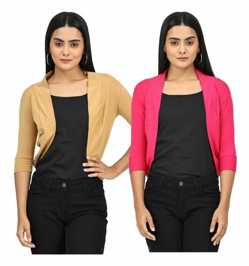 Robinbosky Women's Premium Cotton Lycra Short Shrugs for Women_Pack of 2_Beige And Pink_XL