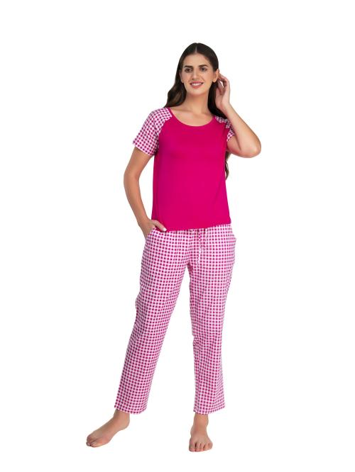 Evolove Women Pink Fushia Cotton night dress combo set Round Neck Short Sleeves Top Pyjama Set (S)