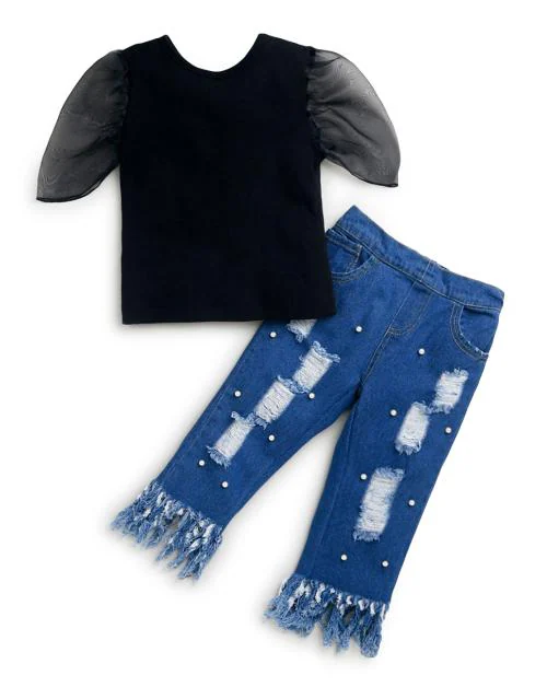 Hopscotch Girls Cotton And Lycra Solid Top And Pant Set In Black Colour For Ages 3-4 Years (JIG-3057723)