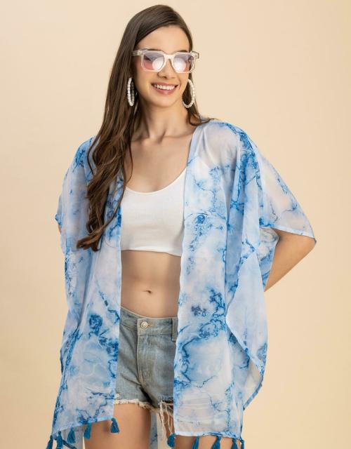 Moomaya 3/4 Sleeves Kimono Sleeves V Neck Relaxed Fit Printed Women's Shrug