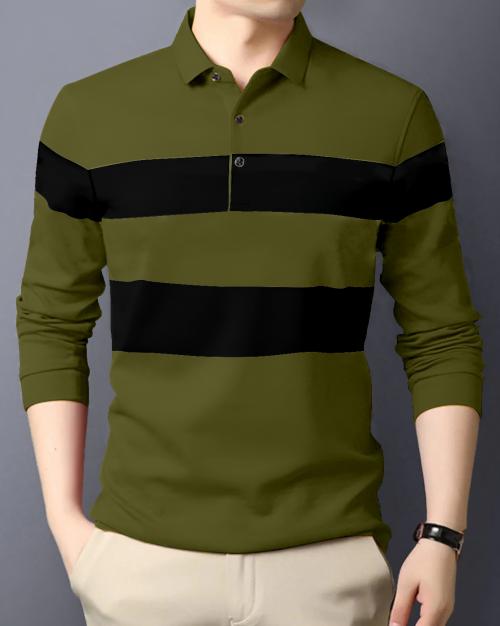 Gespo Dark Green & Black Colorblocked Polo Neck Full Sleeve Casual T-Shirt