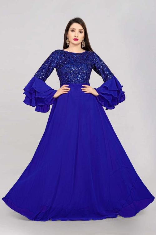 Thapnath Woman's Blue Embroidered Velvet Anarkali Gown