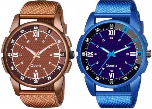 Blue Pearl Analog Brown, Blue Dial Brown Strap Watch For Men (Pack Of 2)