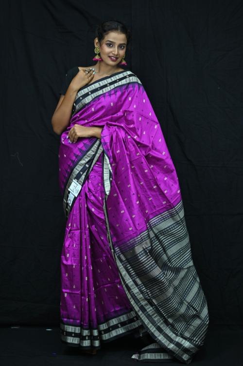 BigRayn Purple Black Handloom Bomkai HazarButi Silk Saree-Odisha Weaves