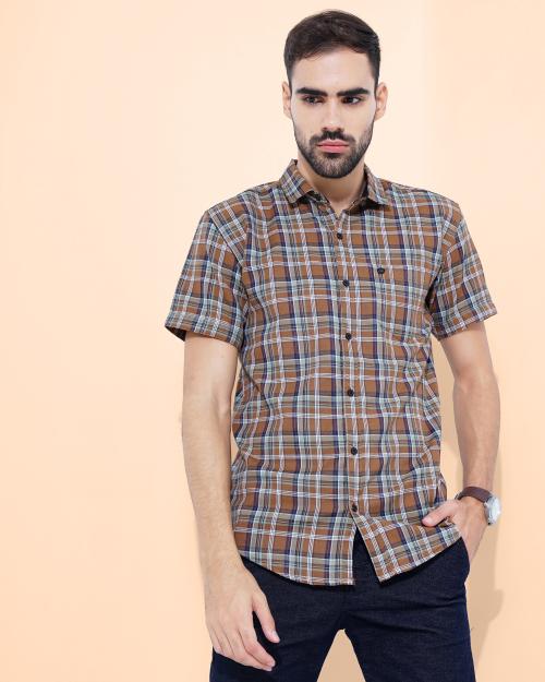 CAMISA Men's Half Sleeve yarn Dyed Checked Shirt