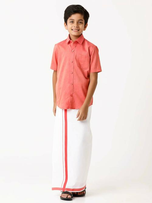 UATHAYAM Varna Cotton Solid Half Sleeve Shirt and Dhoti Set Combo For Boys(Light Red)