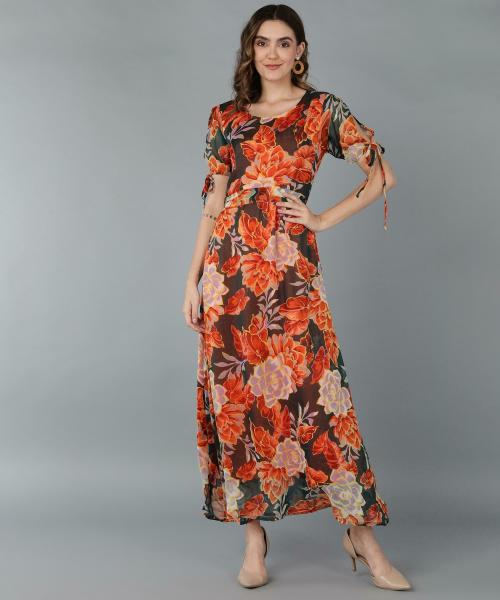 Women's Maxi Dress (Multicolored Floral Printed Chiffon Dress with Half tie-up Sleeve & Round Neck)