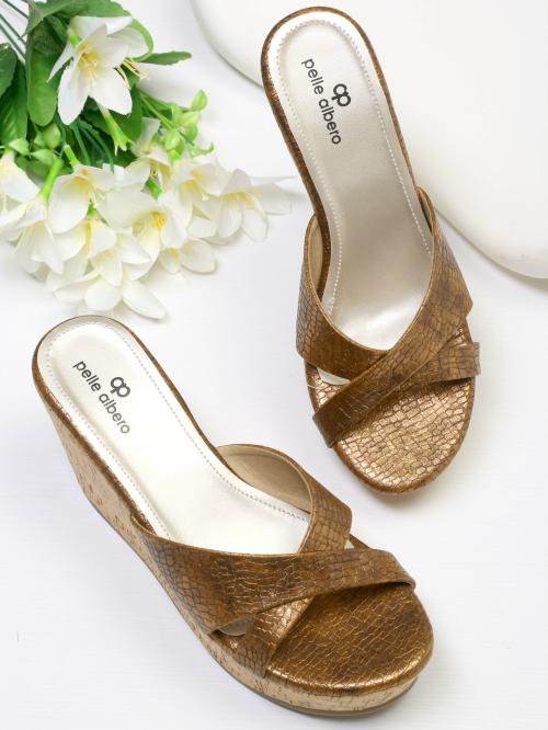 PELLE ALBERO Women Copper Solid Slip-On Platform Heels Sandals
