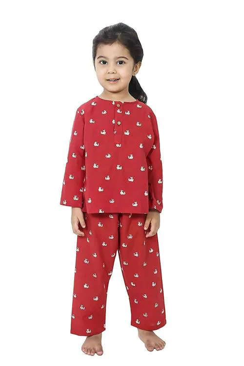Chheent Red Printed Cotton T Shirt And Pant Night Suit Set For Baby Boys And Baby Girls (7-8 Years) Pack Of 2