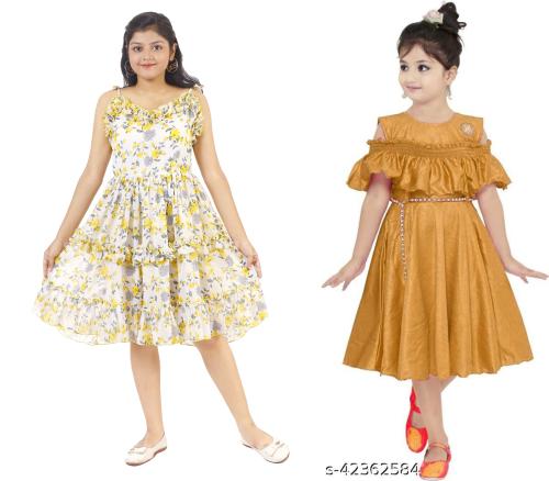 Peacewave Girls Multicolor Crepe Self Design Pack Of 2 A-line Dress