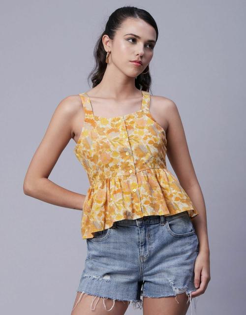 Moomaya Sleeveless Peplum Strappy Top, Printed Cotton Tank Top, Summer Tops