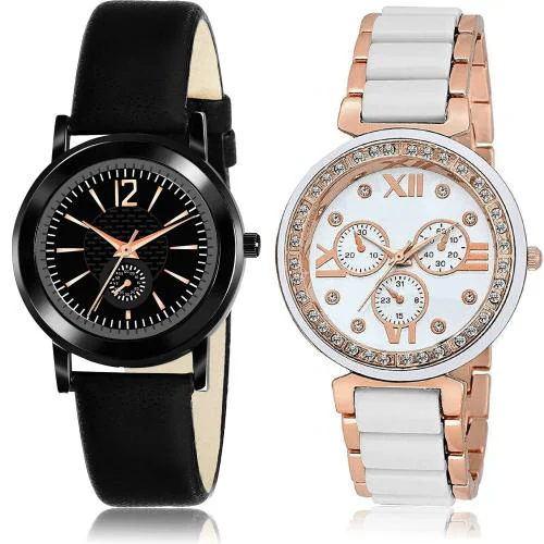 GROOT Brand New Diwali Simple And Stainless Steel Black And White Colour Analog Genuine Leather And Stainless Steel Belt 2 Watch Combo For Women And Girls - GW10-G210