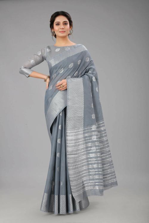 Dwini Women Grey Woven Cotton Linen Tant Saree