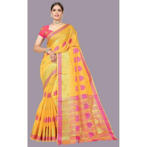 Renrotic Women Gold Woven Cotton Silk Saree