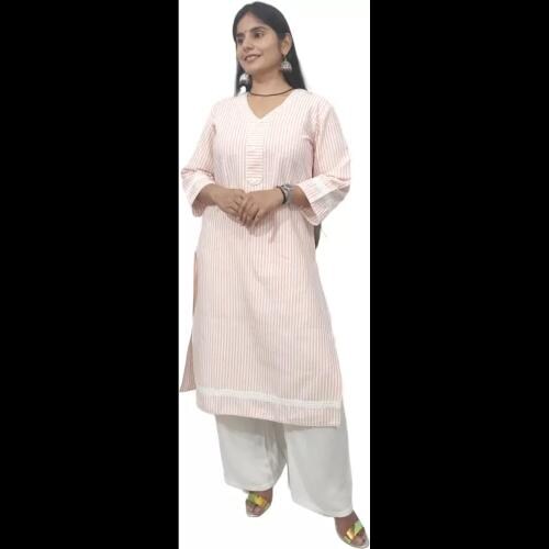 Artisan Glory Women Striped Cotton Blend Straight Kurta (Pink, White)