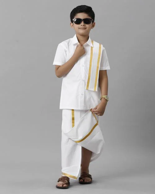 Ramraj Cotton Boys White Color Half Sleeve Shirt With Dhoti and Towel