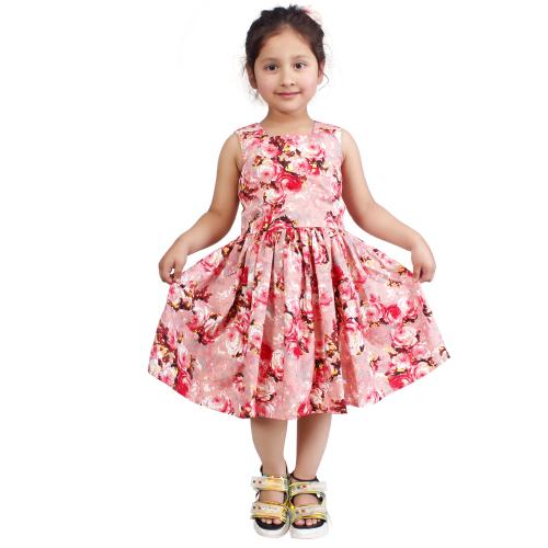 R Cube Girl's Peach Print Printed crepe Frock