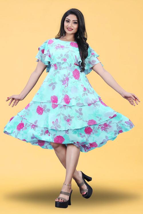 RUDRA FASHION MART Women Multicolor Floral Print Georgette Fit And Flare Dress (S)