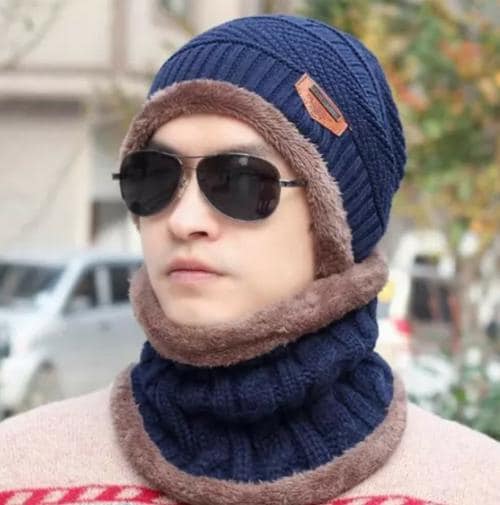 INFISPACE Winter Woolen Unisex Fur Fleece Lined Stylish Beanie Knitted Cap with Neck Warmer for Men and Women,Neck set,Winter product,Winter Cap,Muffler,Sock,Winter caps,Cap for men & Women