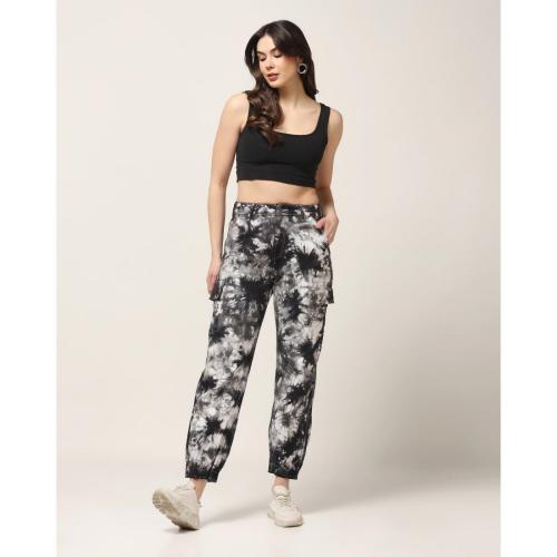 Kagad Womens High Rise Regular Fit Off White Charcoal Grey Tie Dyed Denim Jeans Jogger ( Size:- 38)