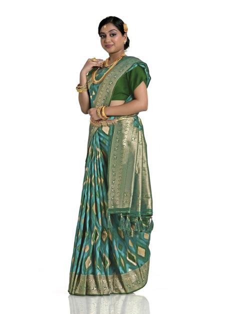 HALFSAREE STUDIO Rama Satin Silk Ikat Handwoven Saree