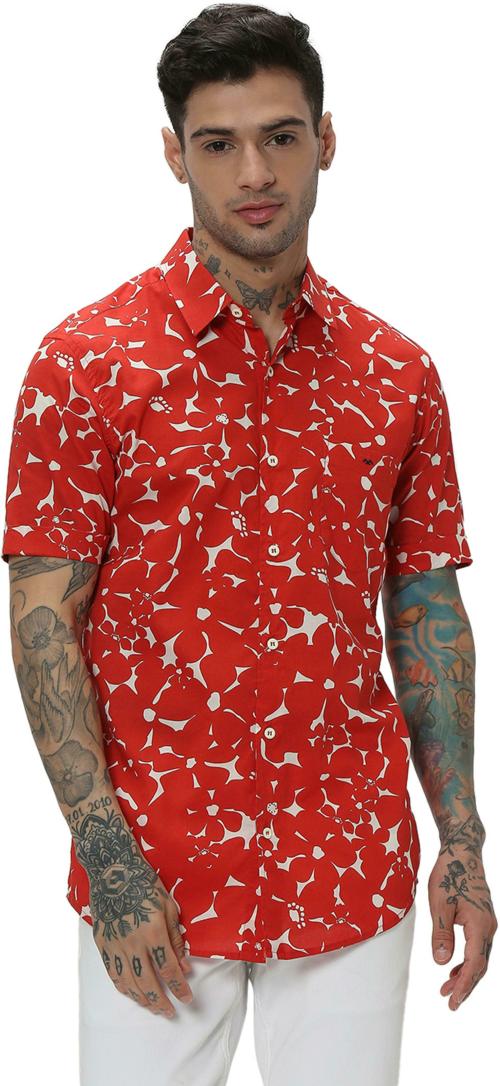 Mufti Red & White Floral Print Slim Fit Casual Shirt