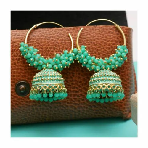 Antico Trditional Ethnic Mint Blue-green color Oxidised Hoop jhumka Earrings for Women