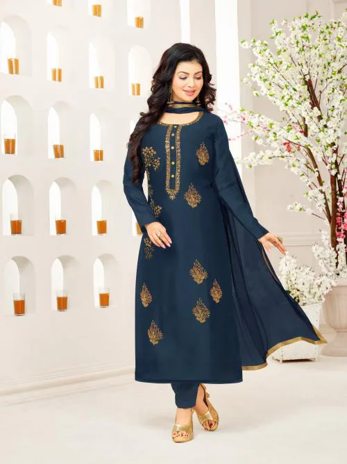 Navy Blue Cotton Embroidered Women's Salwar Suit