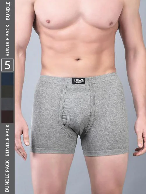 Dollar Bigboss Men's Assorted Pack of 5 Solid Combed Cotton Trunk With Plush-Backed Waistband