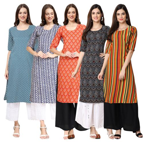 Ethnic Basket Women's Crepe Digital Print Straight Kurta [pack of 5]{MV-351-348-354-373-356-M}