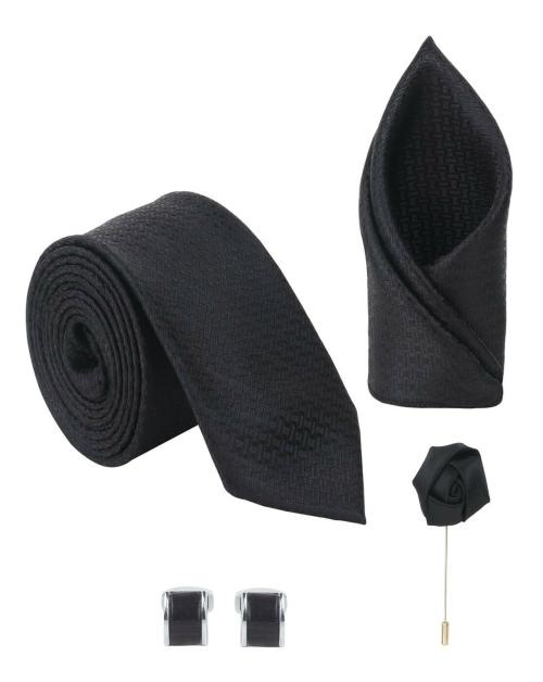KANTH LANGOT Men's Formal Casual Jacquard Geomertic Stripes Pattern Self Design Black Neck Tie Pocket Square Rectangle Shape Thin Bezel Black Cufflinks and Black Flower Lapel Pin Set Combo - Set of 4 Items