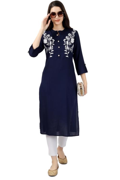 EMEE Y Women's Kurta Embroidery Straight Kurti Cotton Knee Long Kurt for Daily Wear - Blue - L