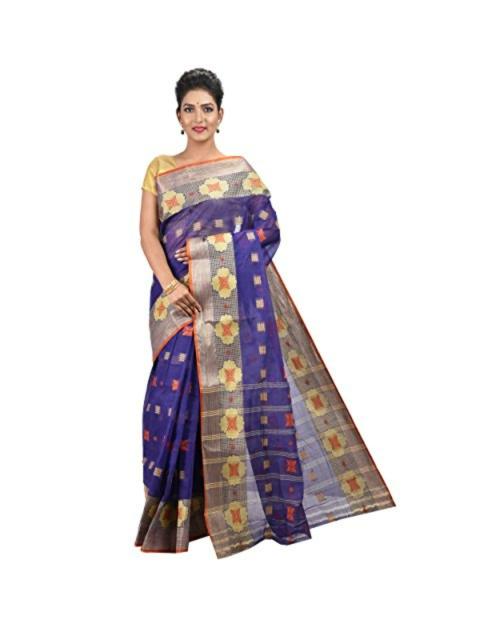 Raj Sarees Women's Traditional Bengali Speciality Stylish Handloom/Tant Saree | Pure Cotton Sarees | Self Designed Cotton Sari for ladies Without Blouse Piece(Navy Blue)