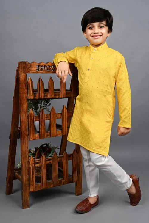 Ahhaaaa Kids Indian Ethnic Festive and Party Wear Full Sequin Embroidery Mirror Work Kurta Pajama Set for Baby & Boys