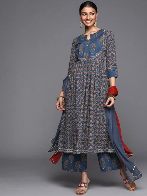 KSUT(House of Varanga) blue and rust yoke style anarkali paired with printed palazzo and ombre dupatta