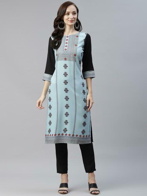 Buy Ziyaa Women Light Blue Floral Kurta Pant Set Online at Best Prices ...