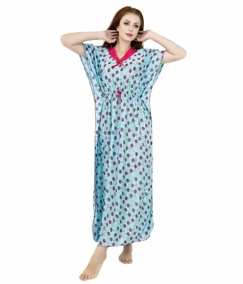 Women Light Blue Printed 100% Silk Nightgown