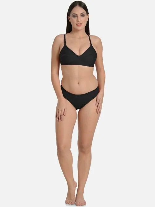 DHANDAI FASHION Women Black Solid Cotton Blend Bra and Panty Set