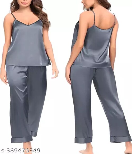 LRT Trending Satin Cami Top, Spaghetti Top, Night Suit, Sleeveless Top Pajama, Sleep Wear To Be Wear In Summers For Girls And Women-Size-M-Grey