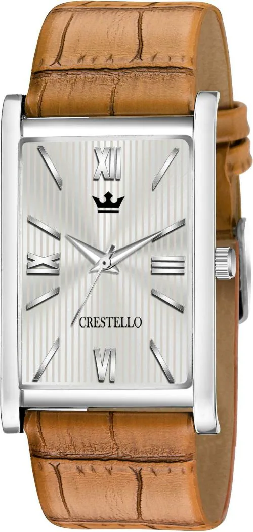Crestello Tan Leather Strap Analog Wrist Watch for Men (Silver Dial) | CR-WT026-SLV-BRW