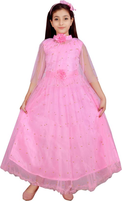 Roshni Garments Girls Pink Self Design Net Roshni Garments (3 - 4 Years)