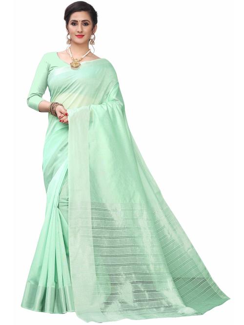Leeza Store Women's Pista Green Cotton Silk Blend Jacquard Solid Plain Jacquard Self Design Banarasi Style Saree With Unstitched Blouse Piece