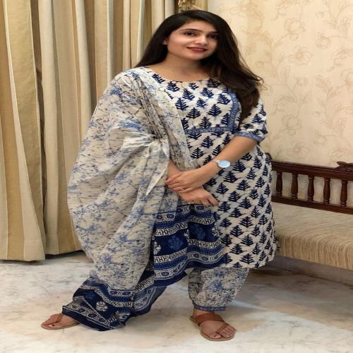 Ganesh Textiles Straight Printed Cotton Blend Kurta Pant with Dupatta Set for Women (Beige) (Size-XXXL)