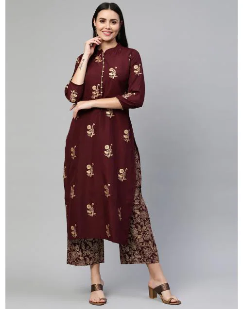 GoSriKi Women Maroon Straight Printed Kurta with Palazzo