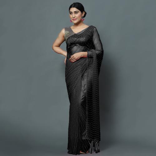 Crally Black Self Designer Party Wear Bollywood Woman Net saree