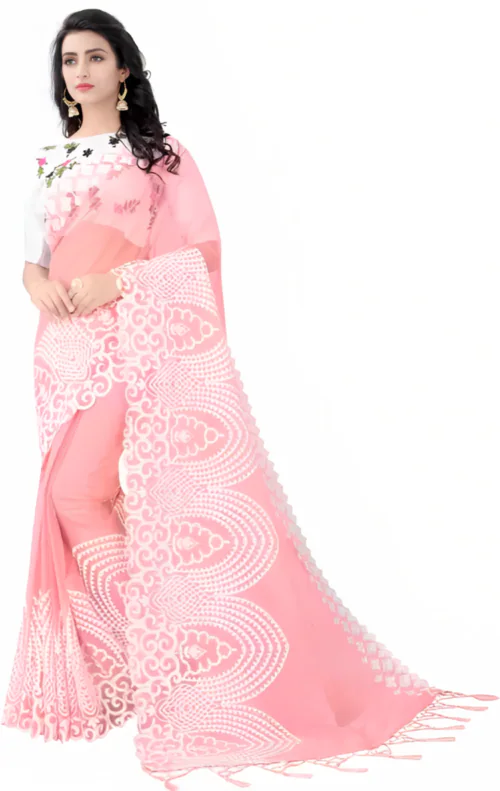 JYESHTA WOMEN'S DESIGNER EMBROIDERY NET SAREE WITH SATIN EMBROIDERY UNSTITCHED BLOUSE (PINK)